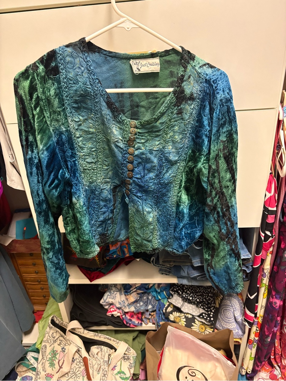 Blue-Green Crushed Velvet Button Front Top - Boho